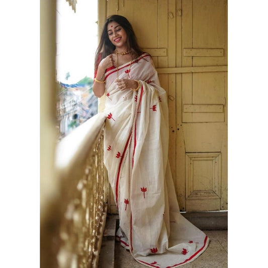 Embellished Women's Linen Printed Saree With Blouse Piece