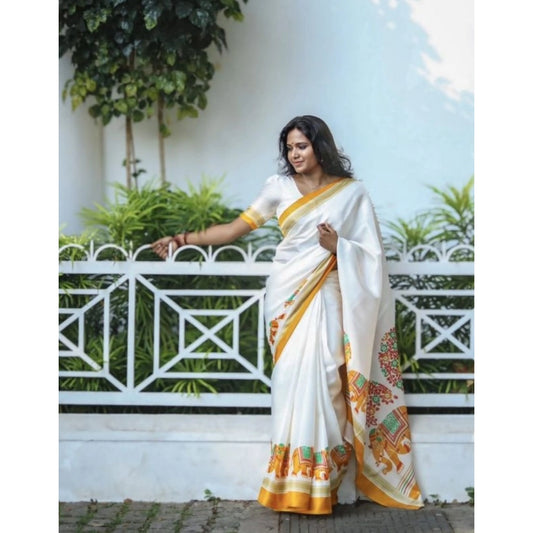 Embellished Women's Linen Printed Saree With Blouse Piece