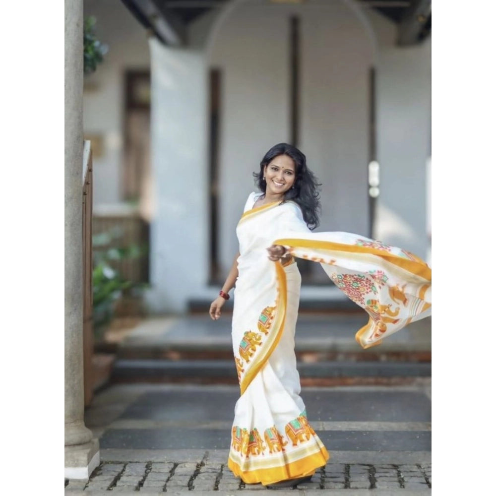 Embellished Women's Linen Printed Saree With Blouse Piece
