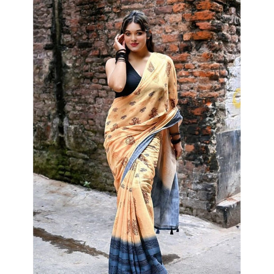 Embellished Women's Linen Printed Saree With Blouse Piece