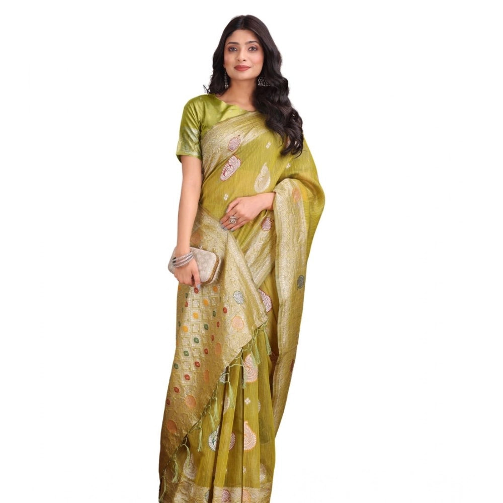 Trendy Women's Linen Cotton Printed Saree With Blouse Piece