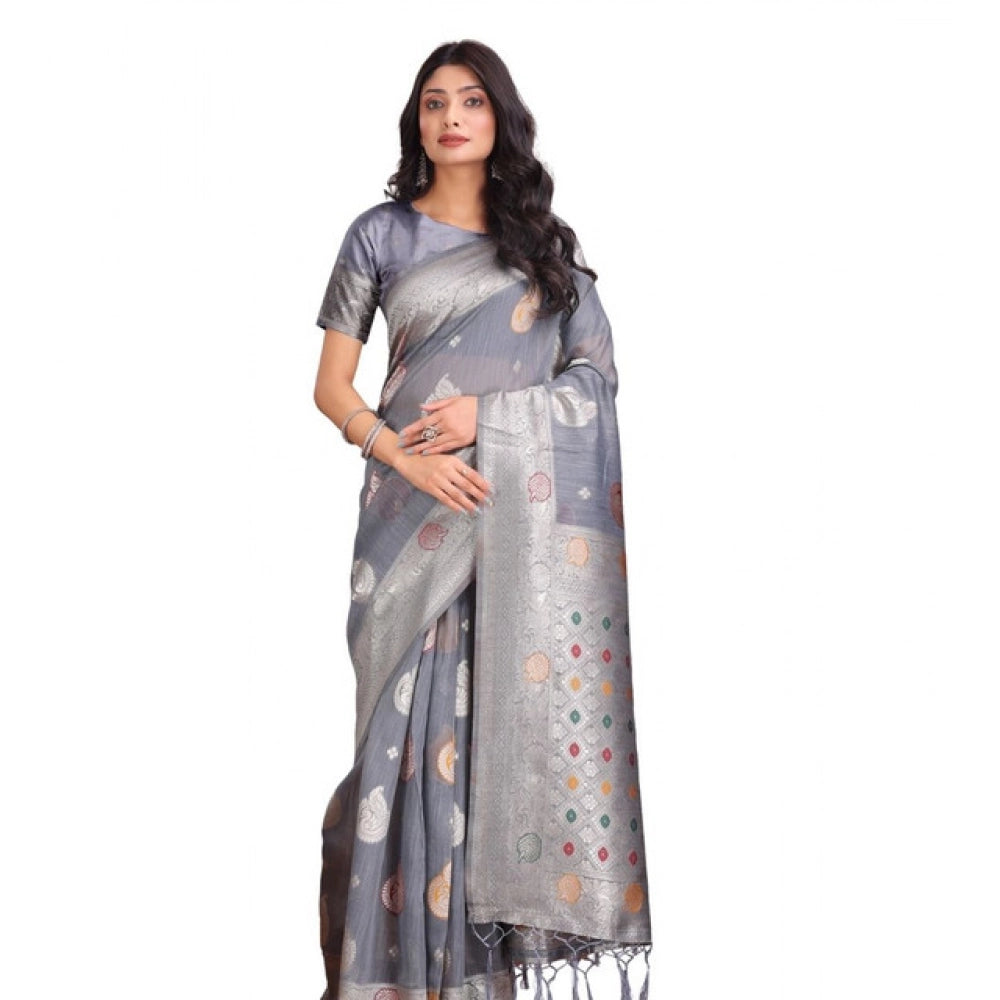 Trendy Women's Linen Cotton Printed Saree With Blouse Piece