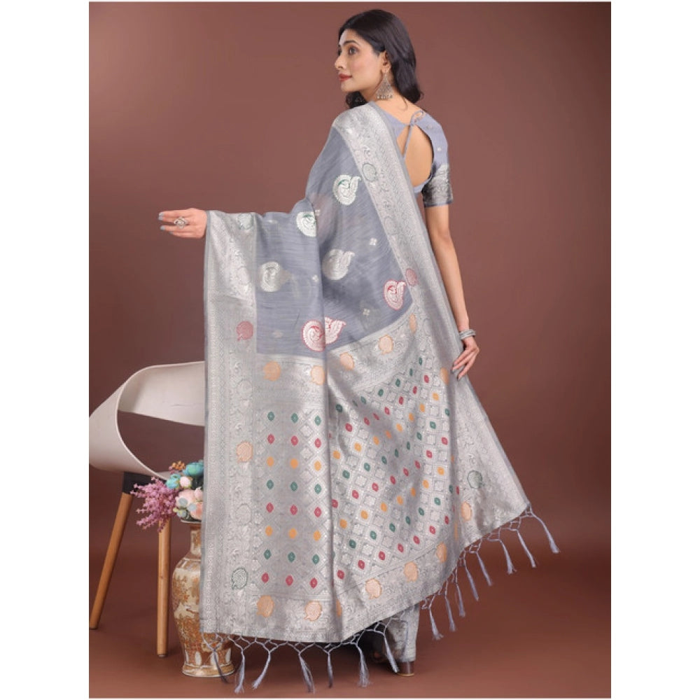 Trendy Women's Linen Cotton Printed Saree With Blouse Piece