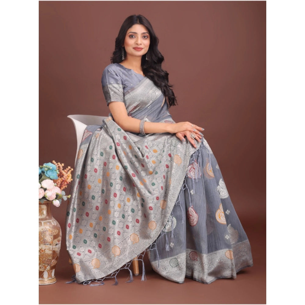 Trendy Women's Linen Cotton Printed Saree With Blouse Piece