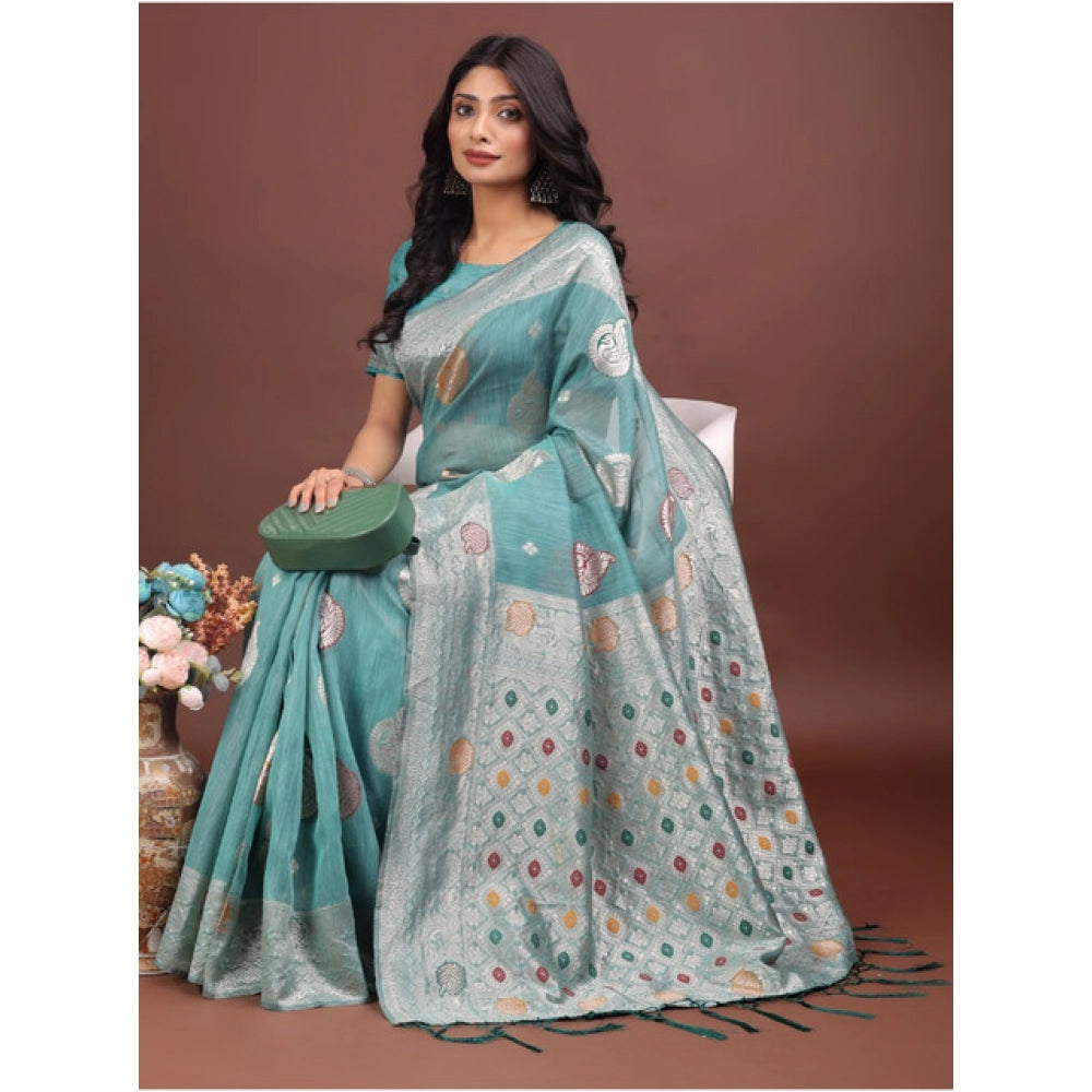 Trendy Women's Linen Cotton Printed Saree With Blouse Piece