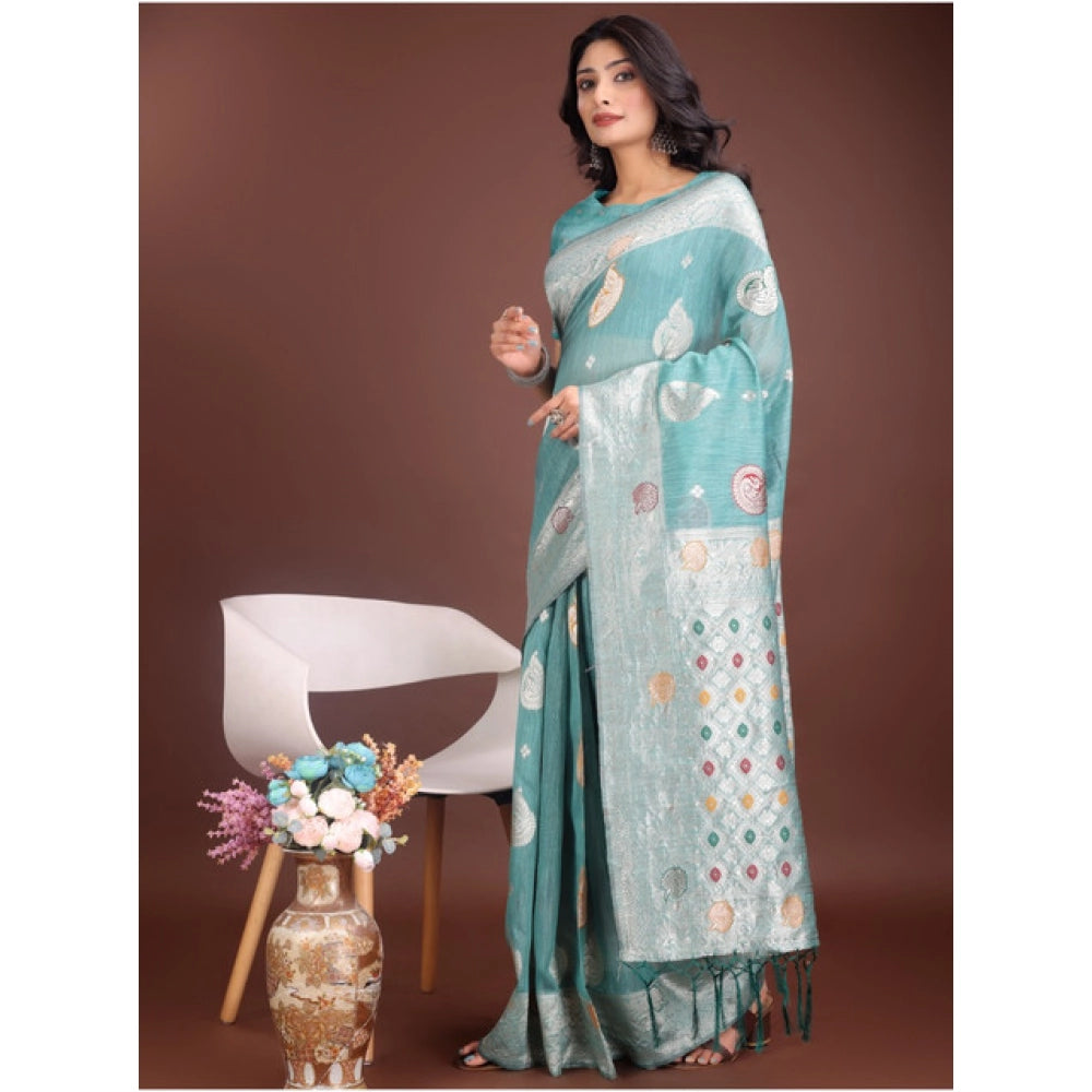 Trendy Women's Linen Cotton Printed Saree With Blouse Piece