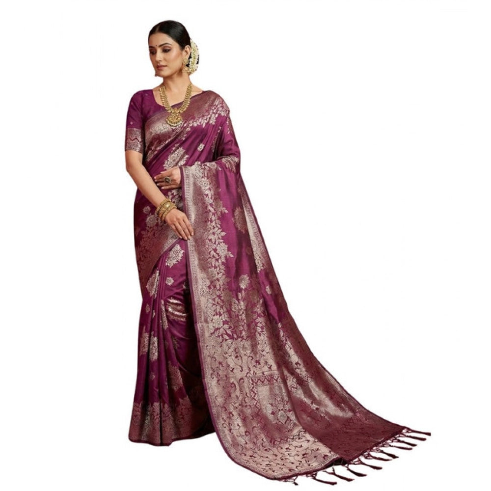 Attractive Women's Silk Blend Printed Saree With Blouse Piece