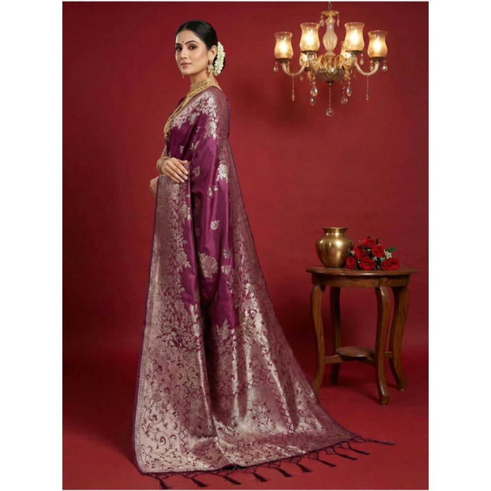 Attractive Women's Silk Blend Printed Saree With Blouse Piece