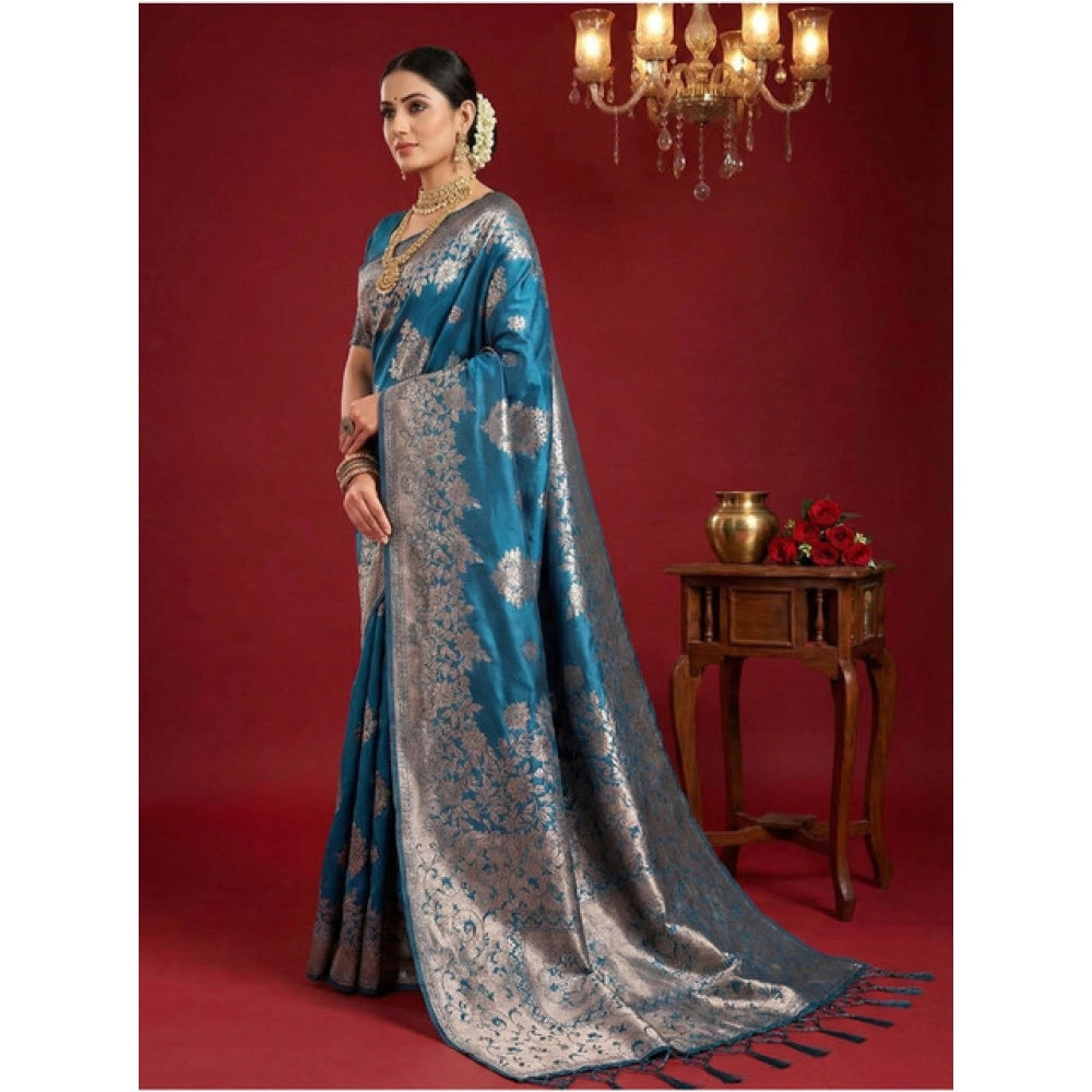 Attractive Women's Silk Blend Printed Saree With Blouse Piece