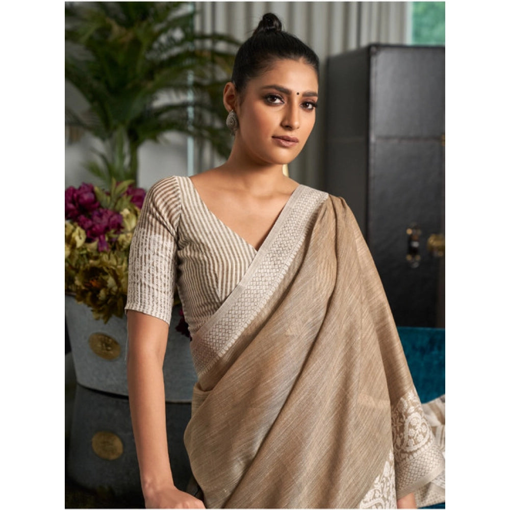 Pretty Women's Linen Printed Saree With Blouse Piece