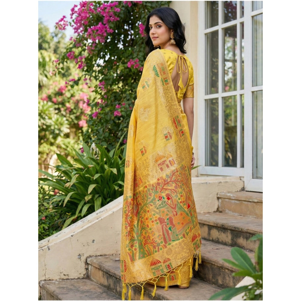 Stylish Women's Linen Cotton Printed Saree With Blouse Piece