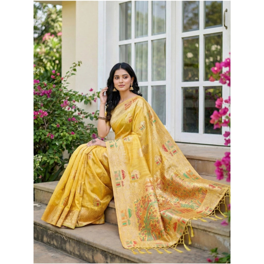 Stylish Women's Linen Cotton Printed Saree With Blouse Piece