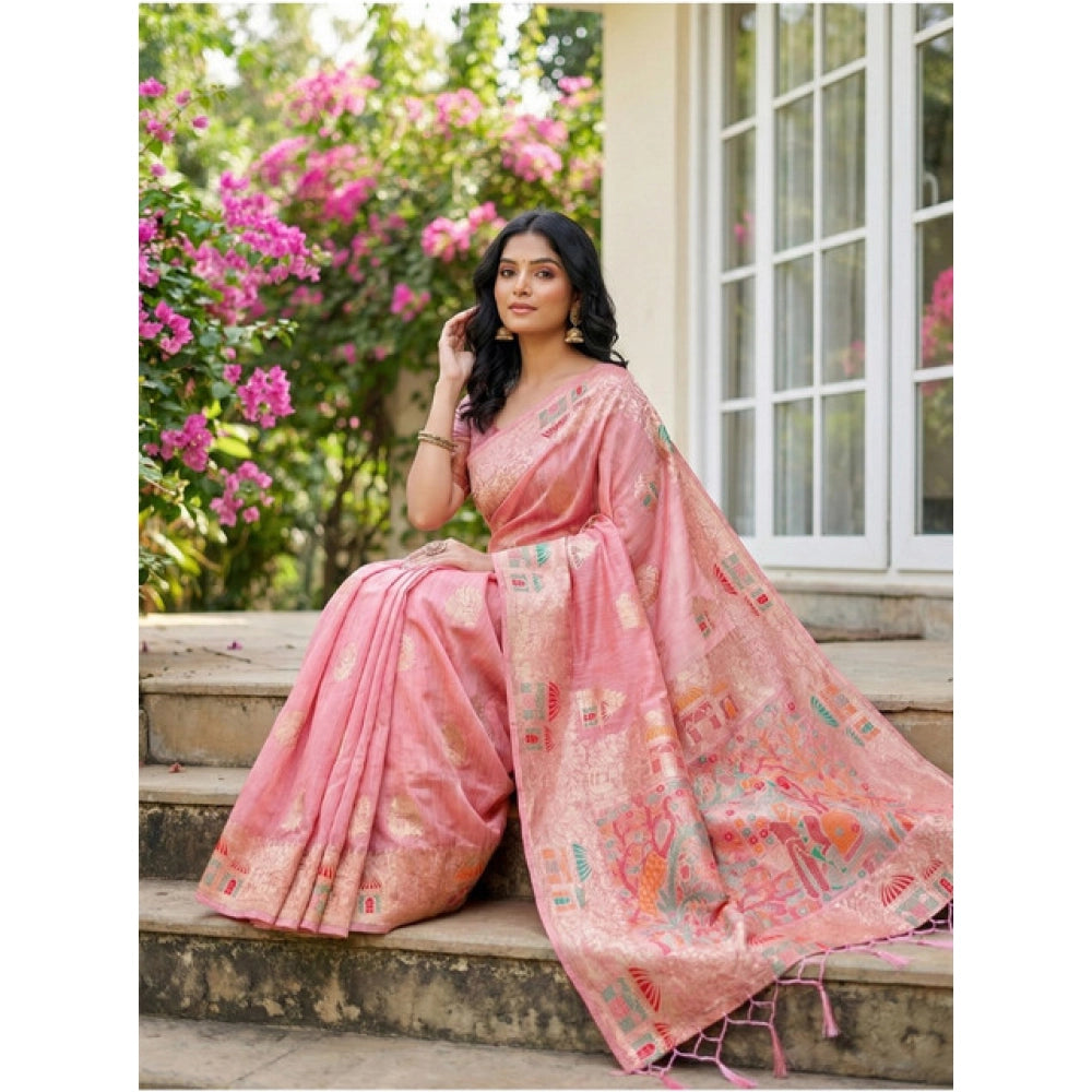 Stylish Women's Linen Cotton Printed Saree With Blouse Piece