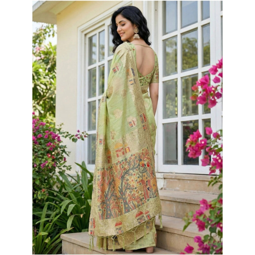 Stylish Women's Linen Cotton Printed Saree With Blouse Piece