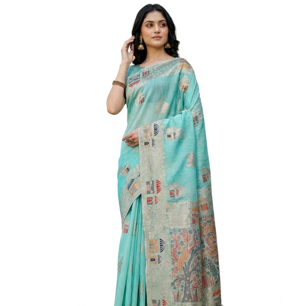Stylish Women's Linen Cotton Printed Saree With Blouse Piece