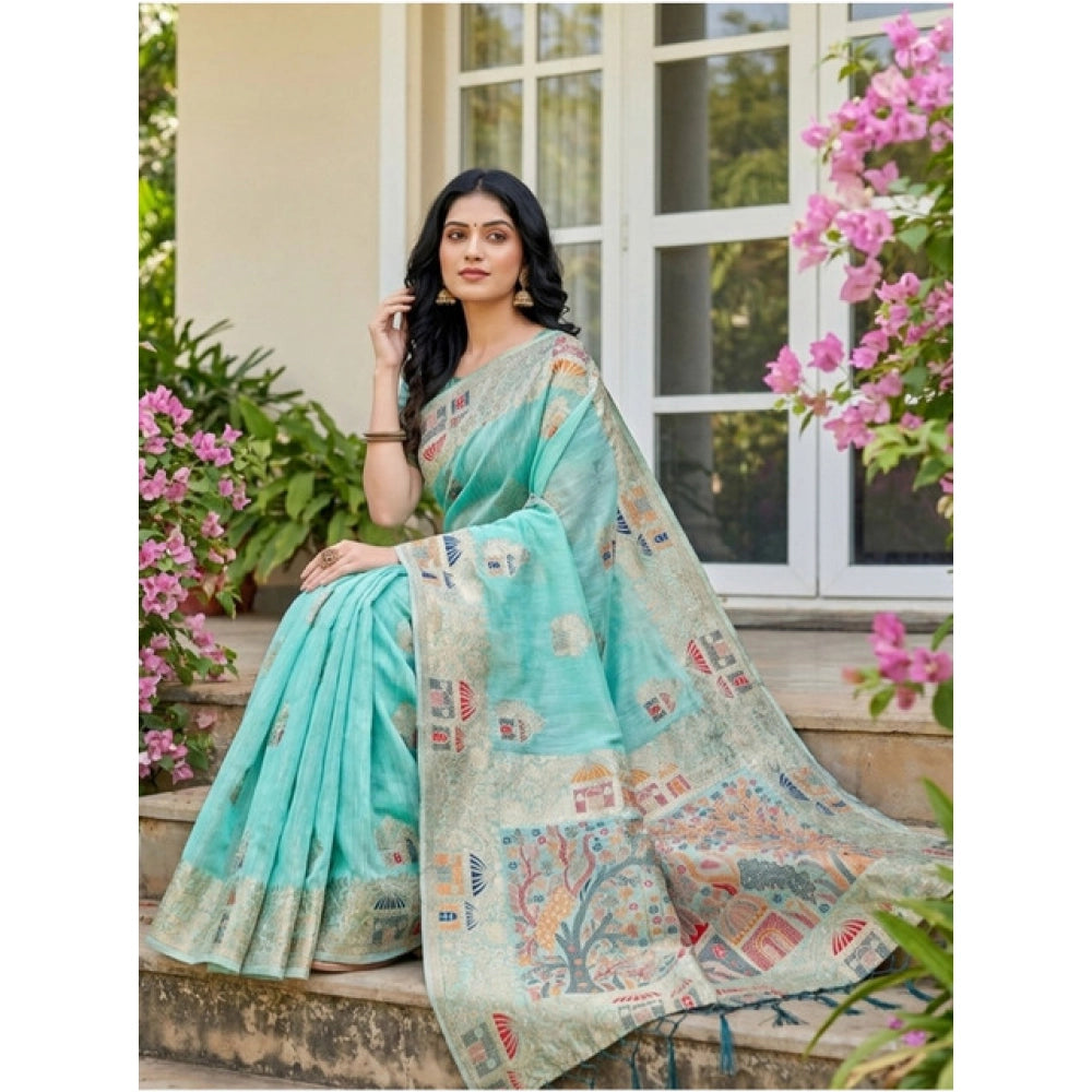 Stylish Women's Linen Cotton Printed Saree With Blouse Piece
