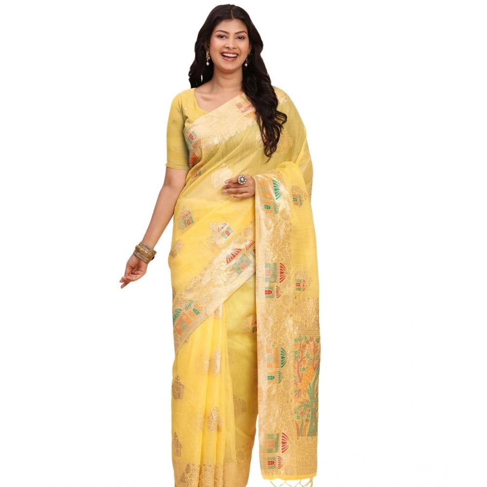 Stylish Women's Linen Cotton Printed Saree With Blouse Piece