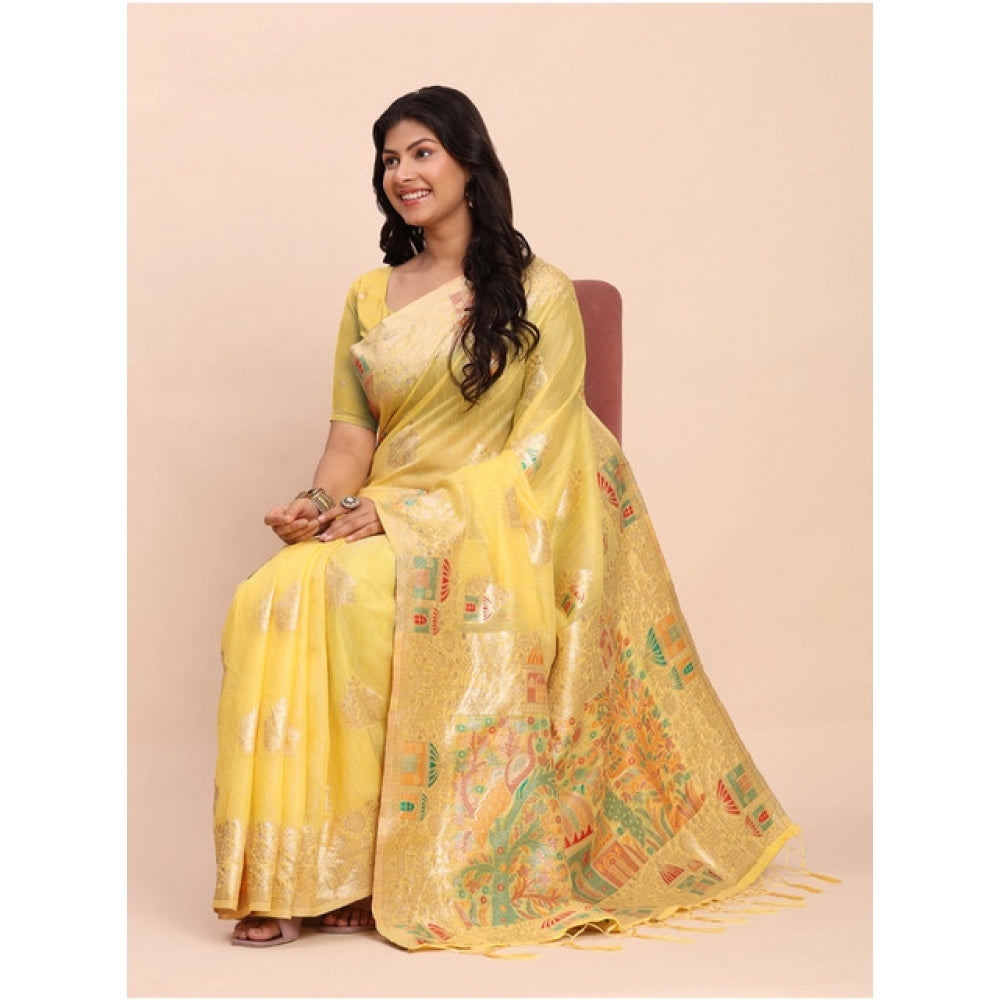 Stylish Women's Linen Cotton Printed Saree With Blouse Piece