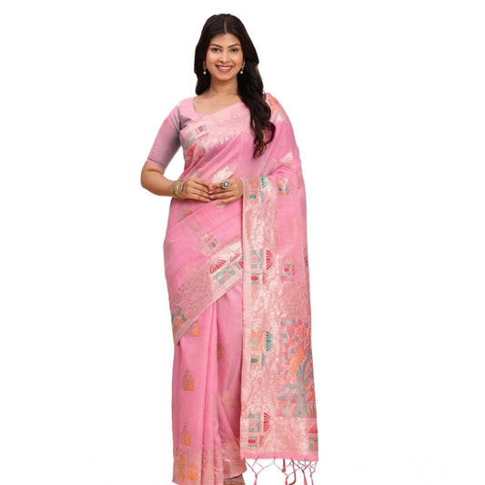 Stylish Women's Linen Cotton Printed Saree With Blouse Piece