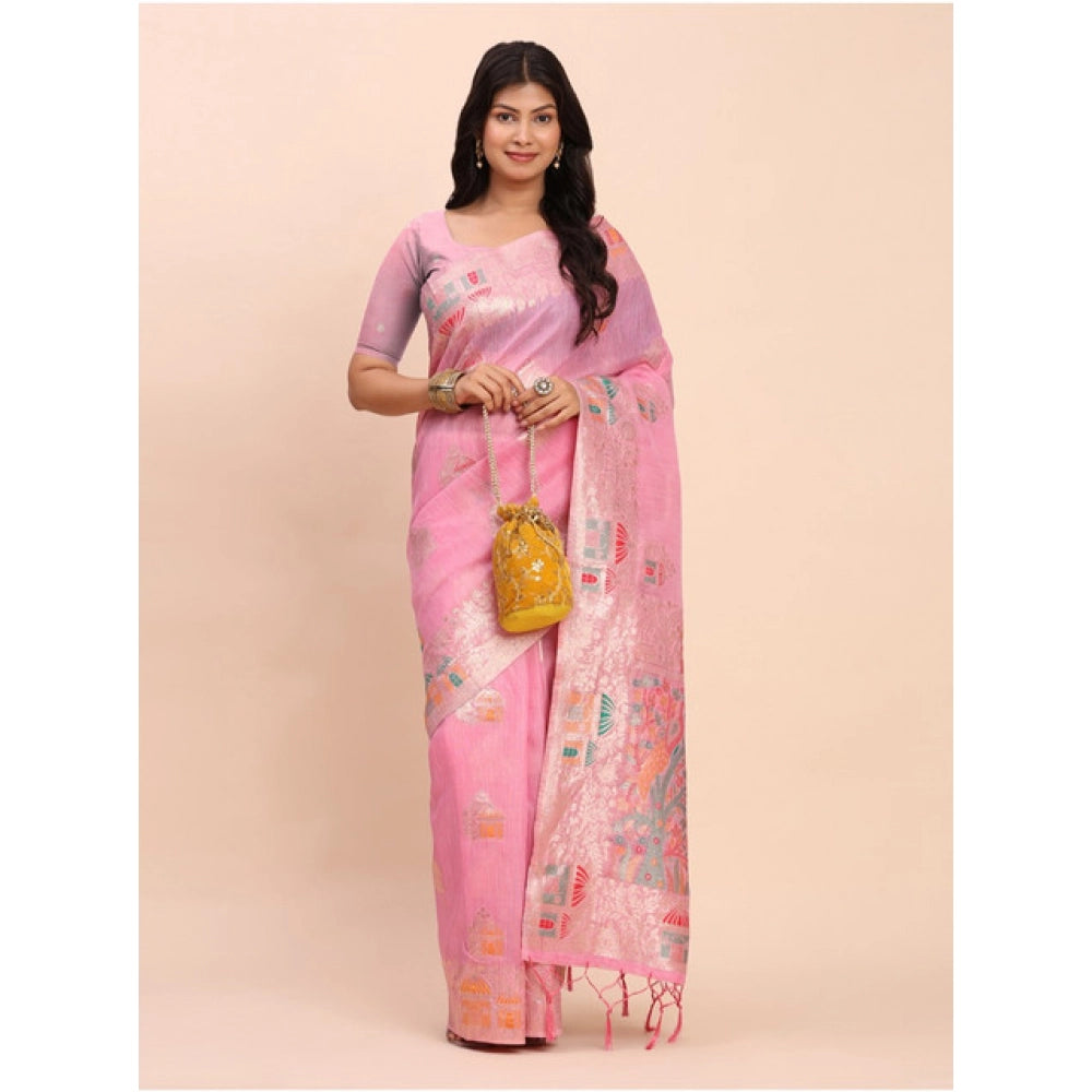 Stylish Women's Linen Cotton Printed Saree With Blouse Piece
