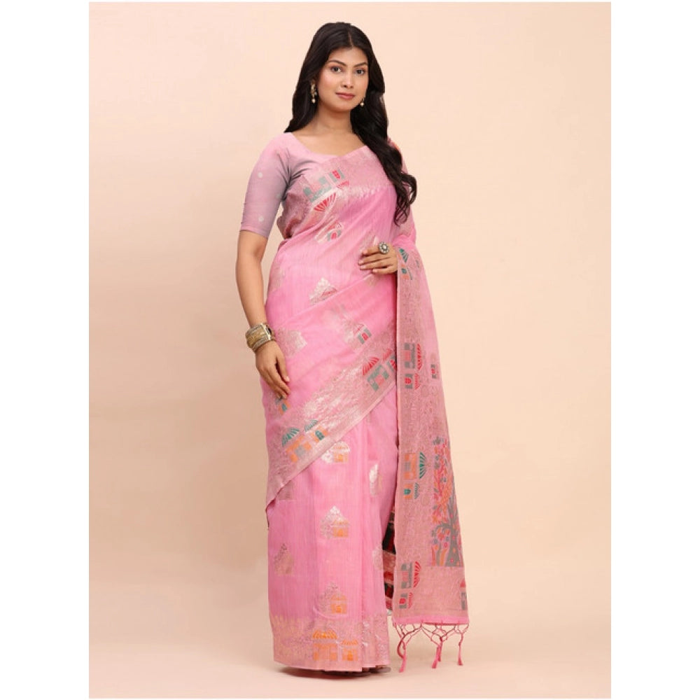 Stylish Women's Linen Cotton Printed Saree With Blouse Piece