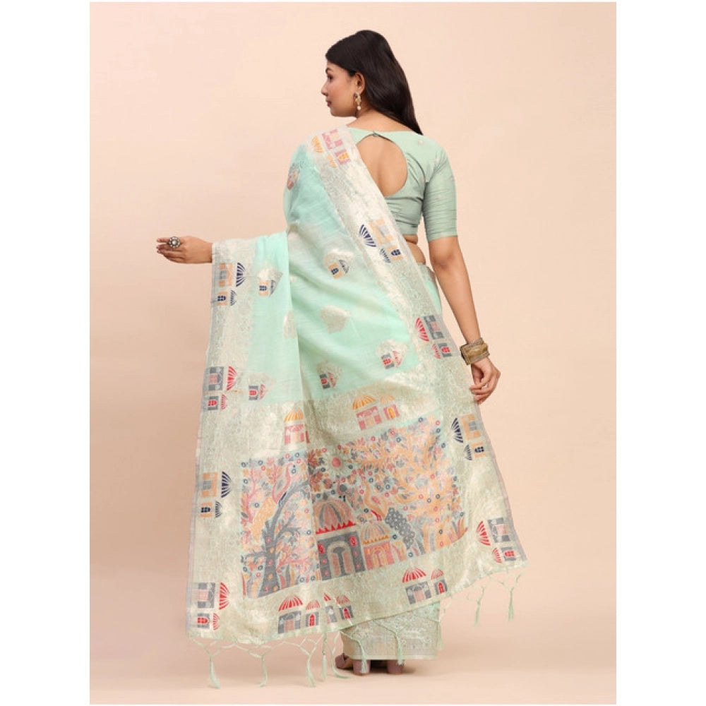 Stylish Women's Linen Cotton Printed Saree With Blouse Piece