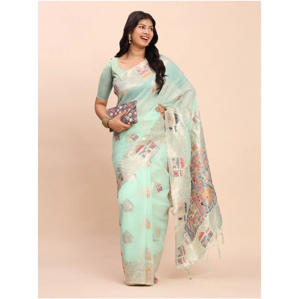 Stylish Women's Linen Cotton Printed Saree With Blouse Piece