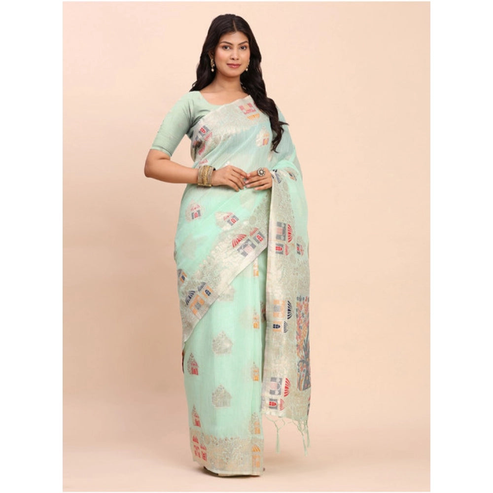 Stylish Women's Linen Cotton Printed Saree With Blouse Piece