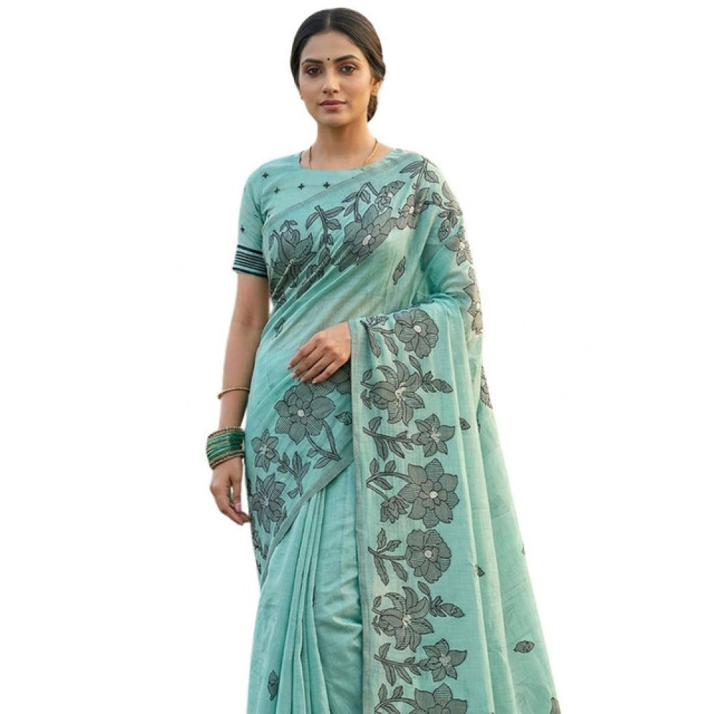 Partywear Women's Linen Cotton Printed Saree With Blouse Piece