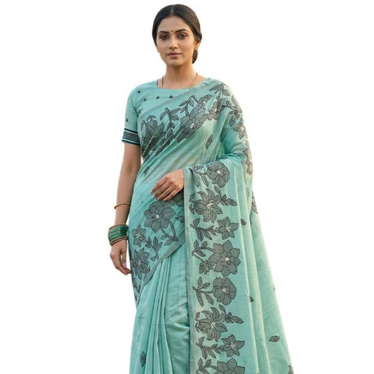 Partywear Women's Linen Cotton Printed Saree With Blouse Piece