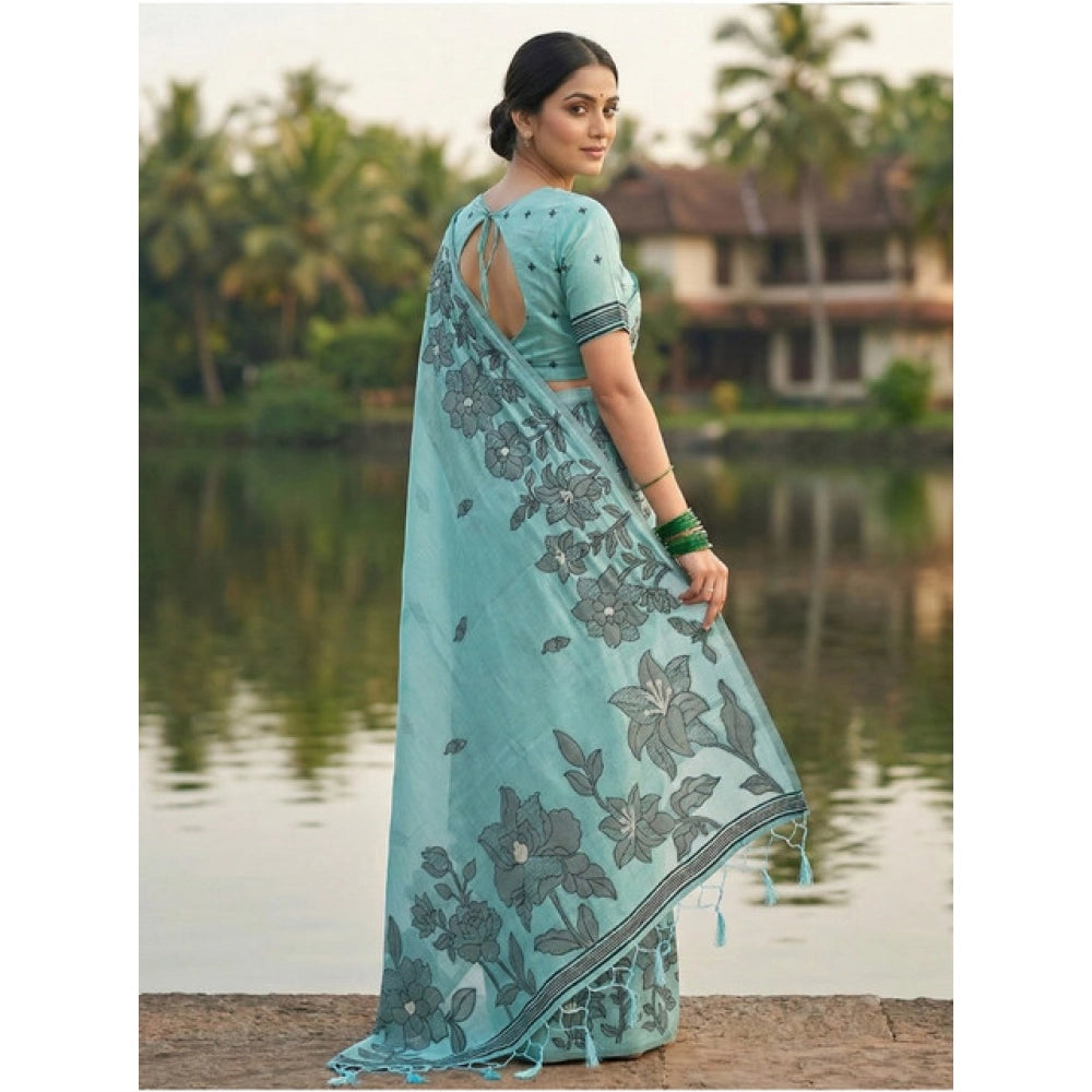 Partywear Women's Linen Cotton Printed Saree With Blouse Piece