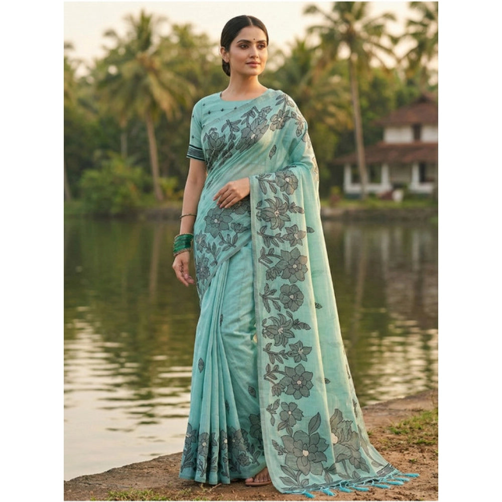 Partywear Women's Linen Cotton Printed Saree With Blouse Piece