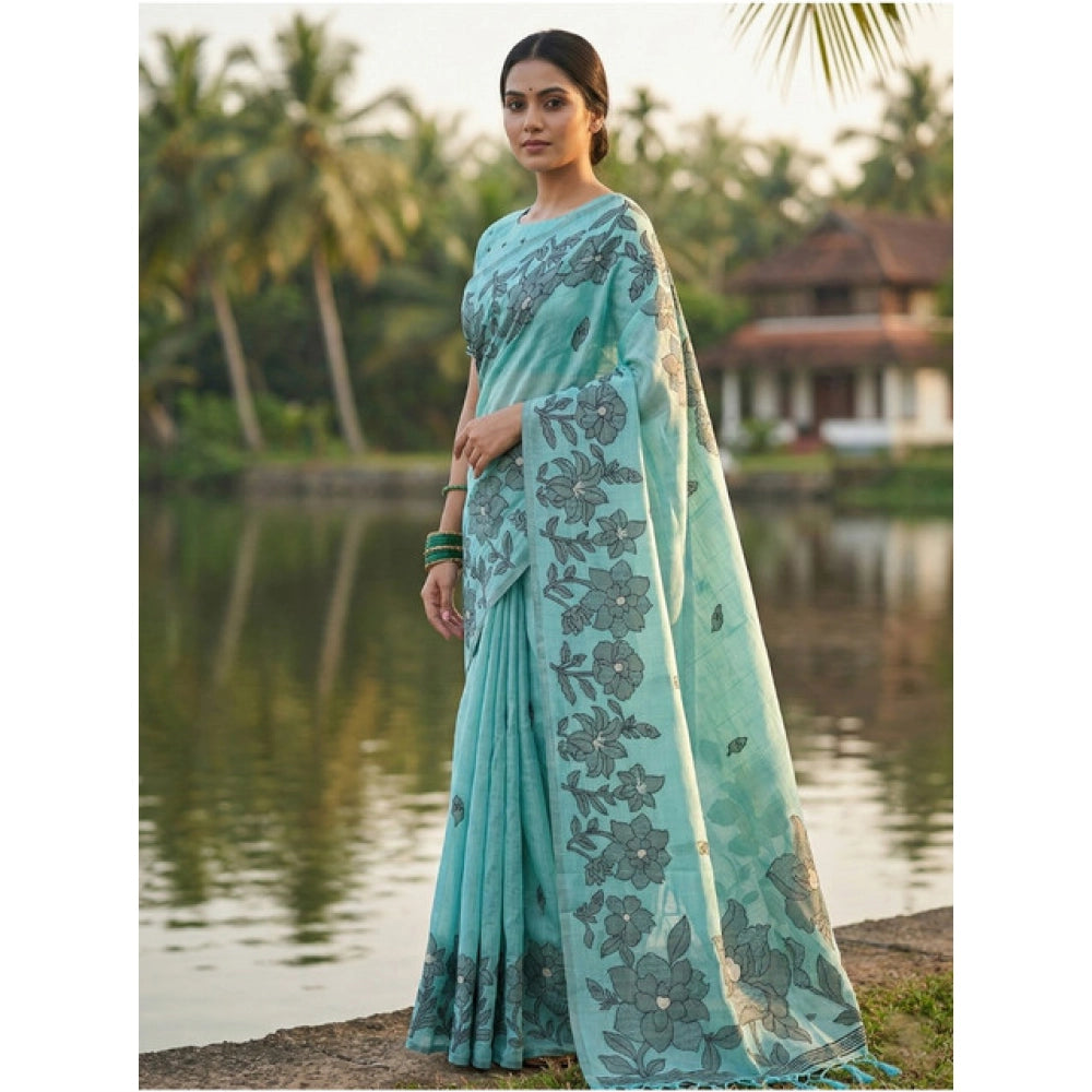 Partywear Women's Linen Cotton Printed Saree With Blouse Piece