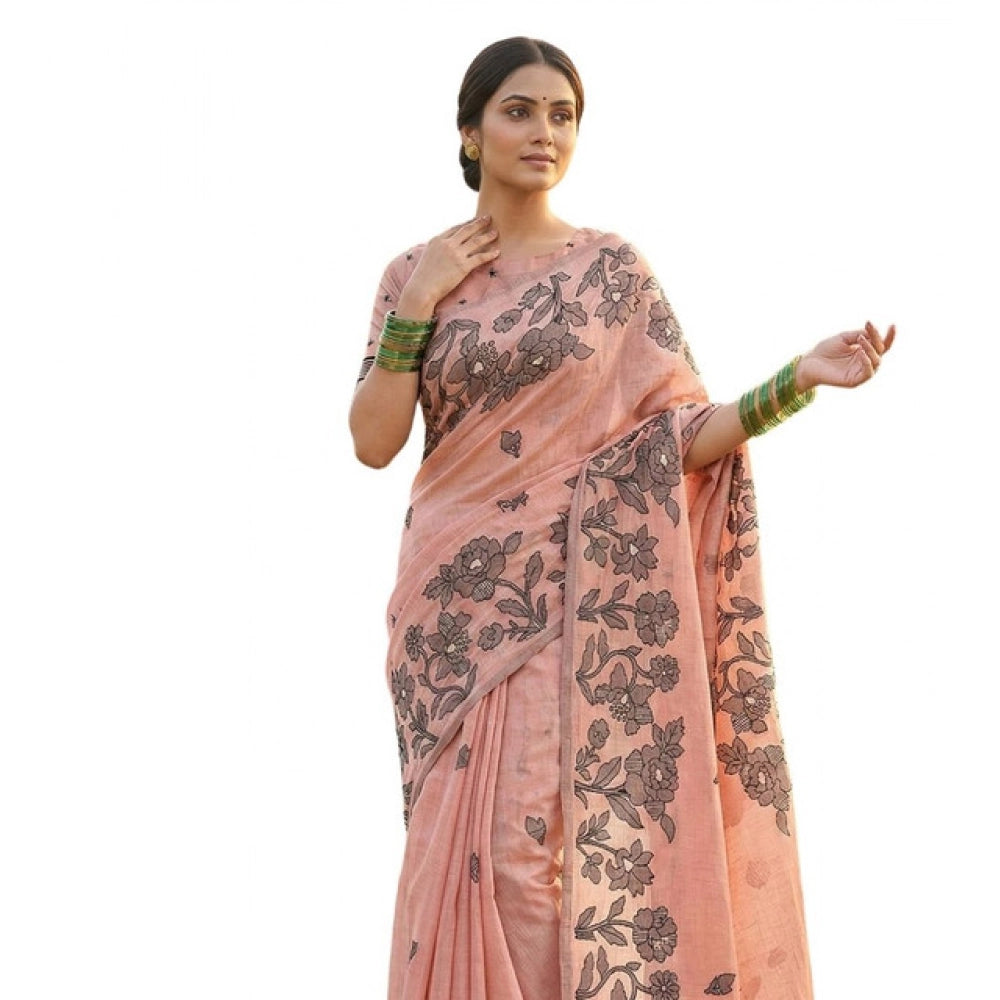 Partywear Women's Linen Cotton Printed Saree With Blouse Piece
