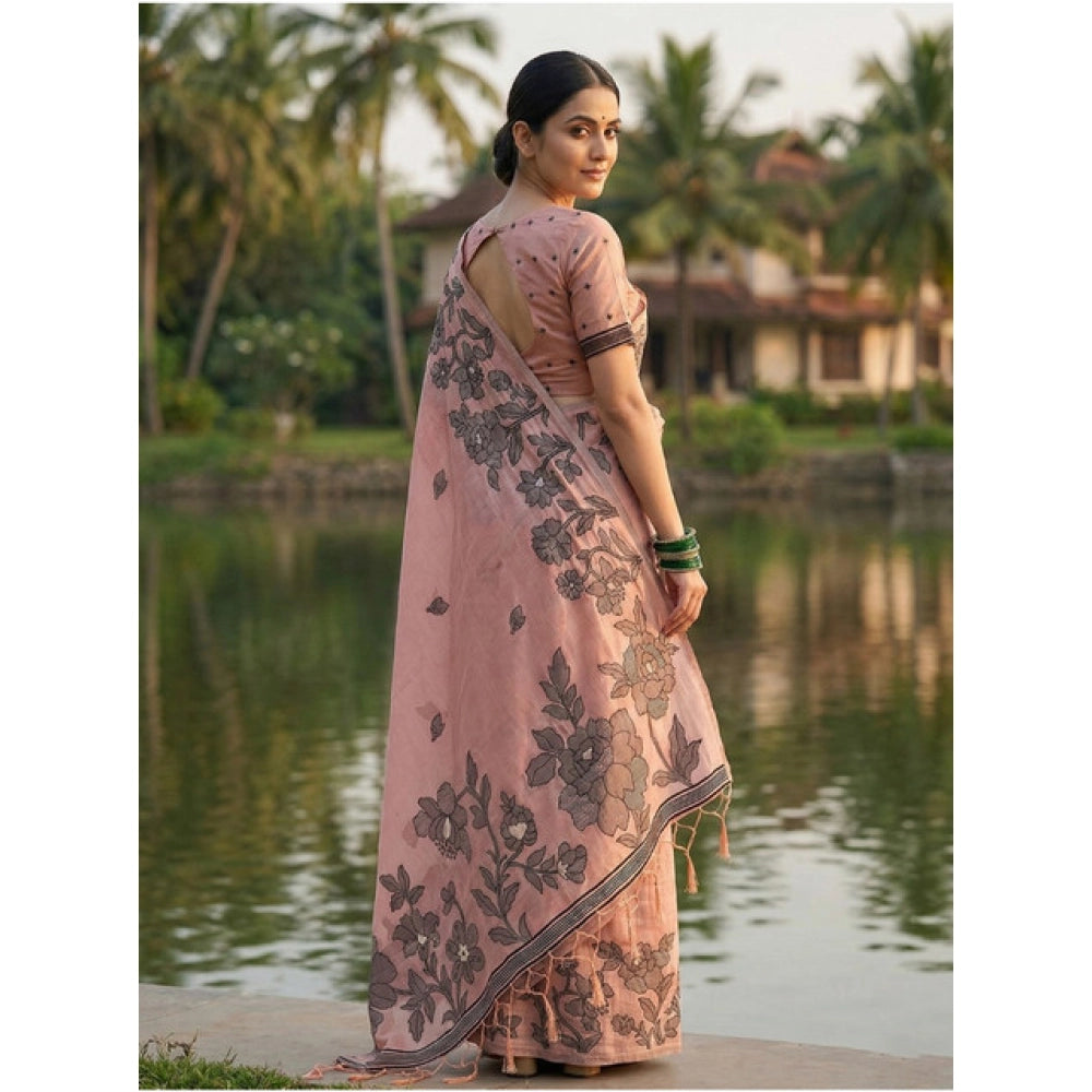 Partywear Women's Linen Cotton Printed Saree With Blouse Piece