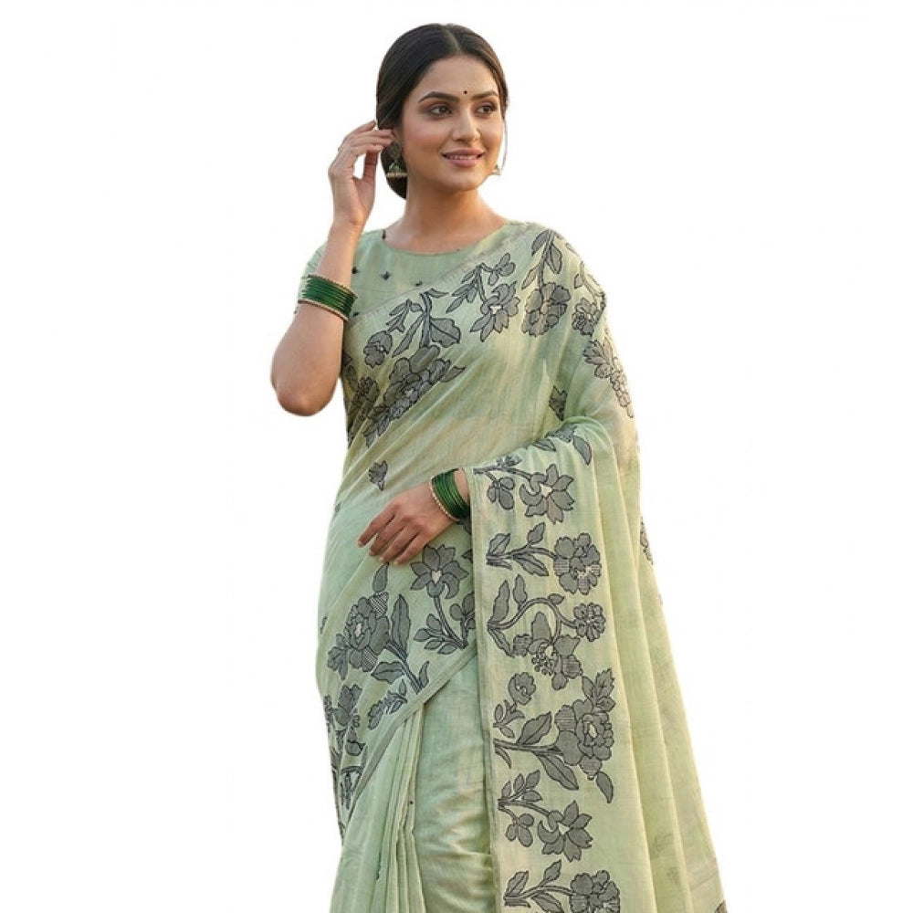 Partywear Women's Linen Cotton Printed Saree With Blouse Piece