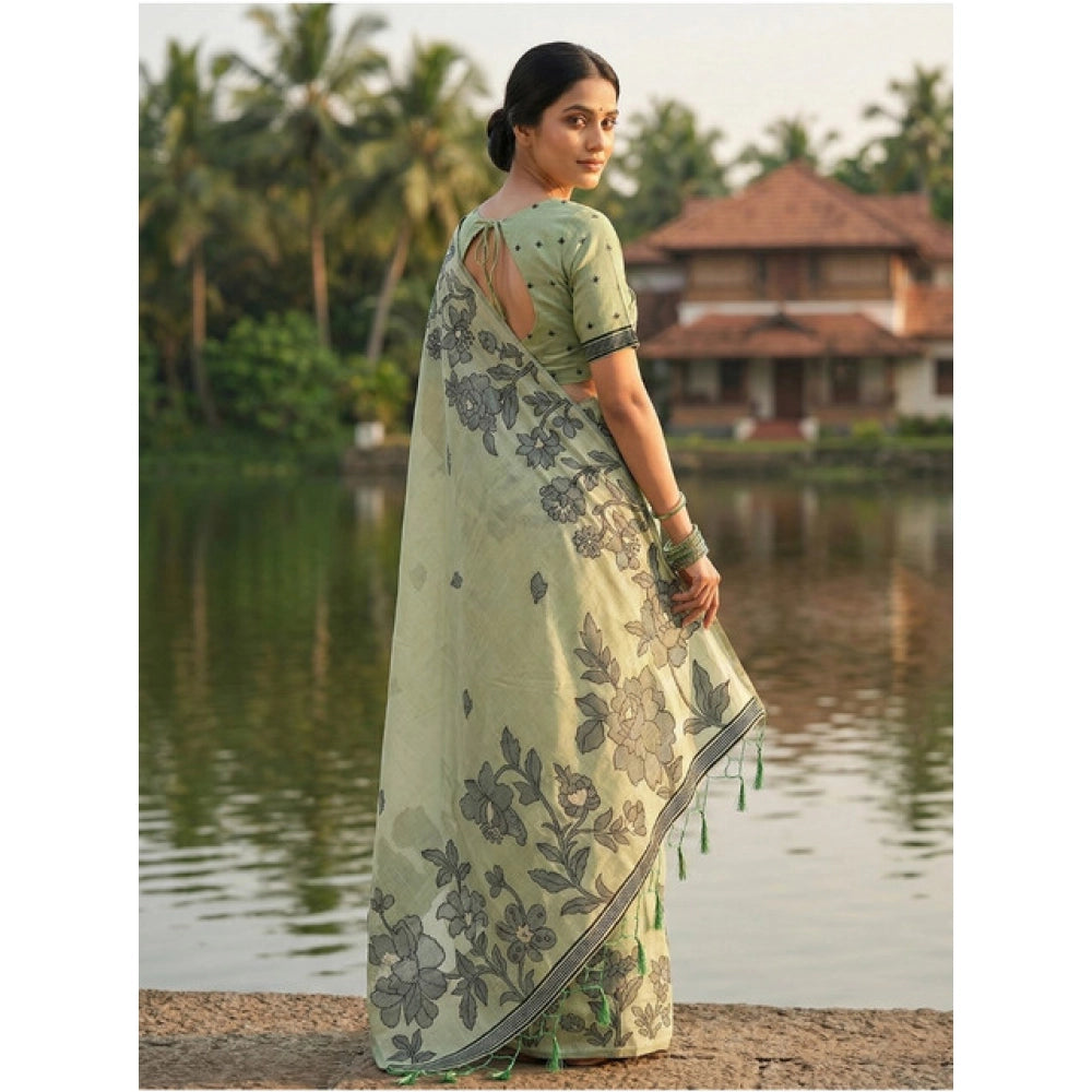 Partywear Women's Linen Cotton Printed Saree With Blouse Piece