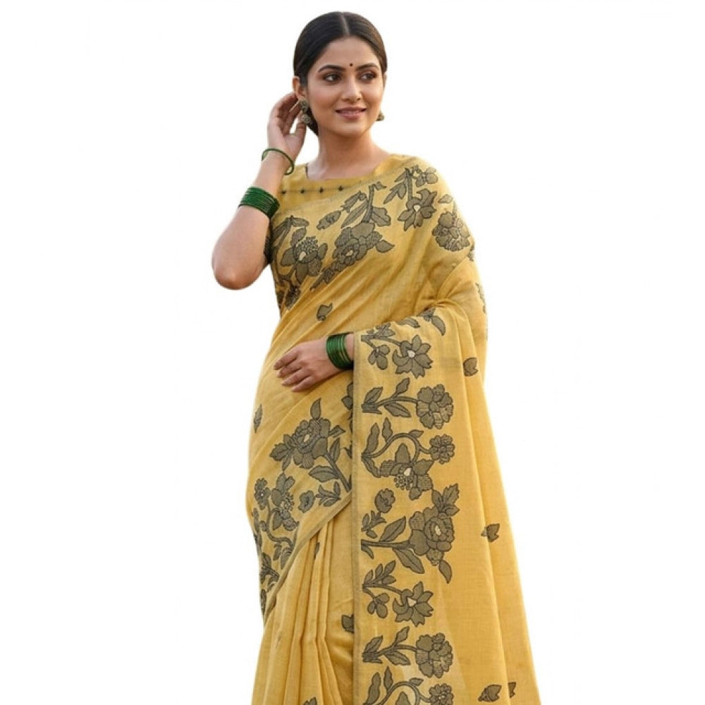 Partywear Women's Linen Cotton Printed Saree With Blouse Piece