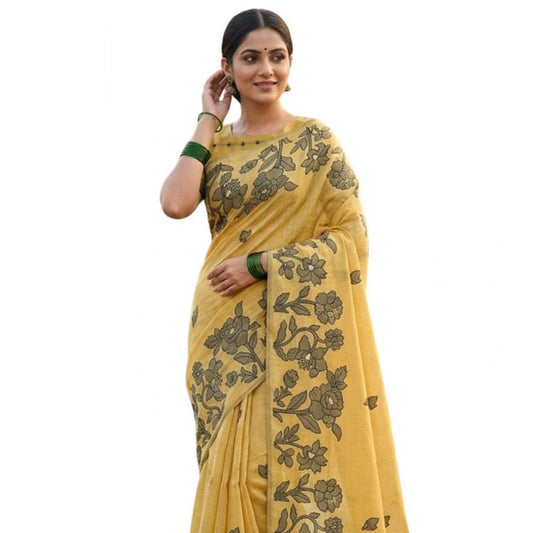 Partywear Women's Linen Cotton Printed Saree With Blouse Piece