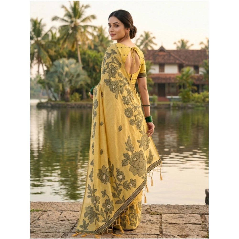 Partywear Women's Linen Cotton Printed Saree With Blouse Piece