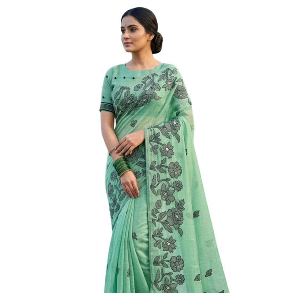 Partywear Women's Linen Cotton Printed Saree With Blouse Piece