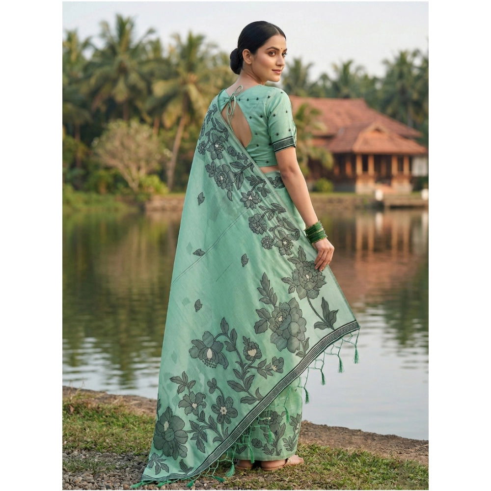 Partywear Women's Linen Cotton Printed Saree With Blouse Piece