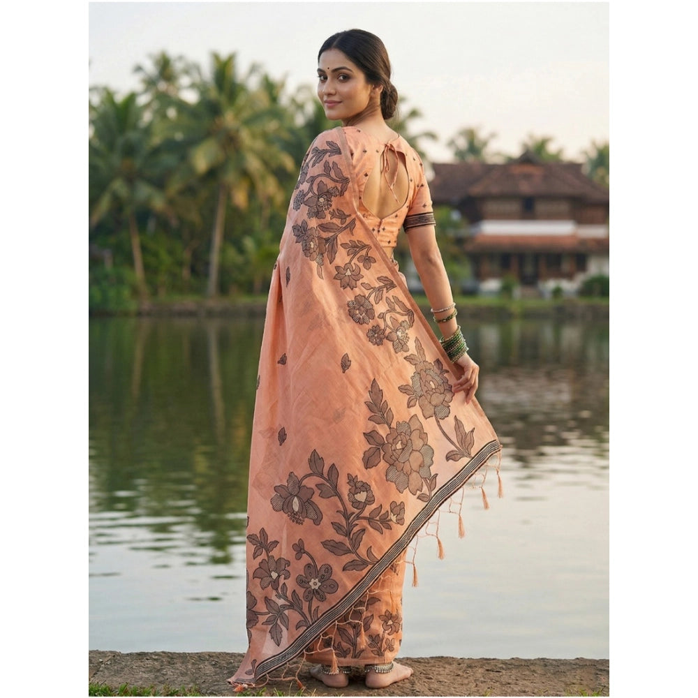 Partywear Women's Linen Cotton Printed Saree With Blouse Piece