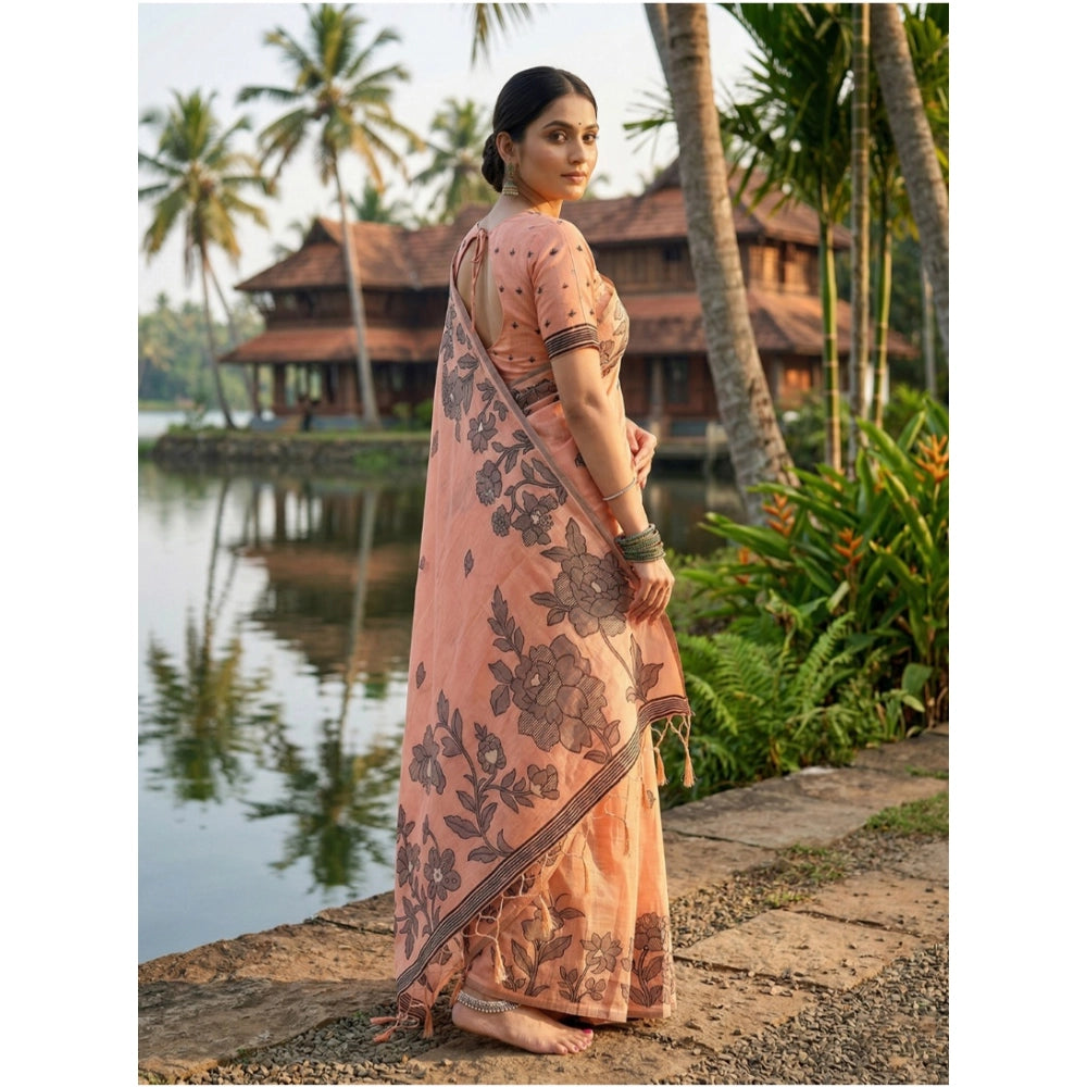 Partywear Women's Linen Cotton Printed Saree With Blouse Piece