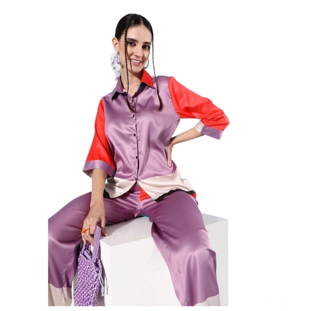 Voguish Women's Satin Colour Block Long Sleeves Co-Ord Set