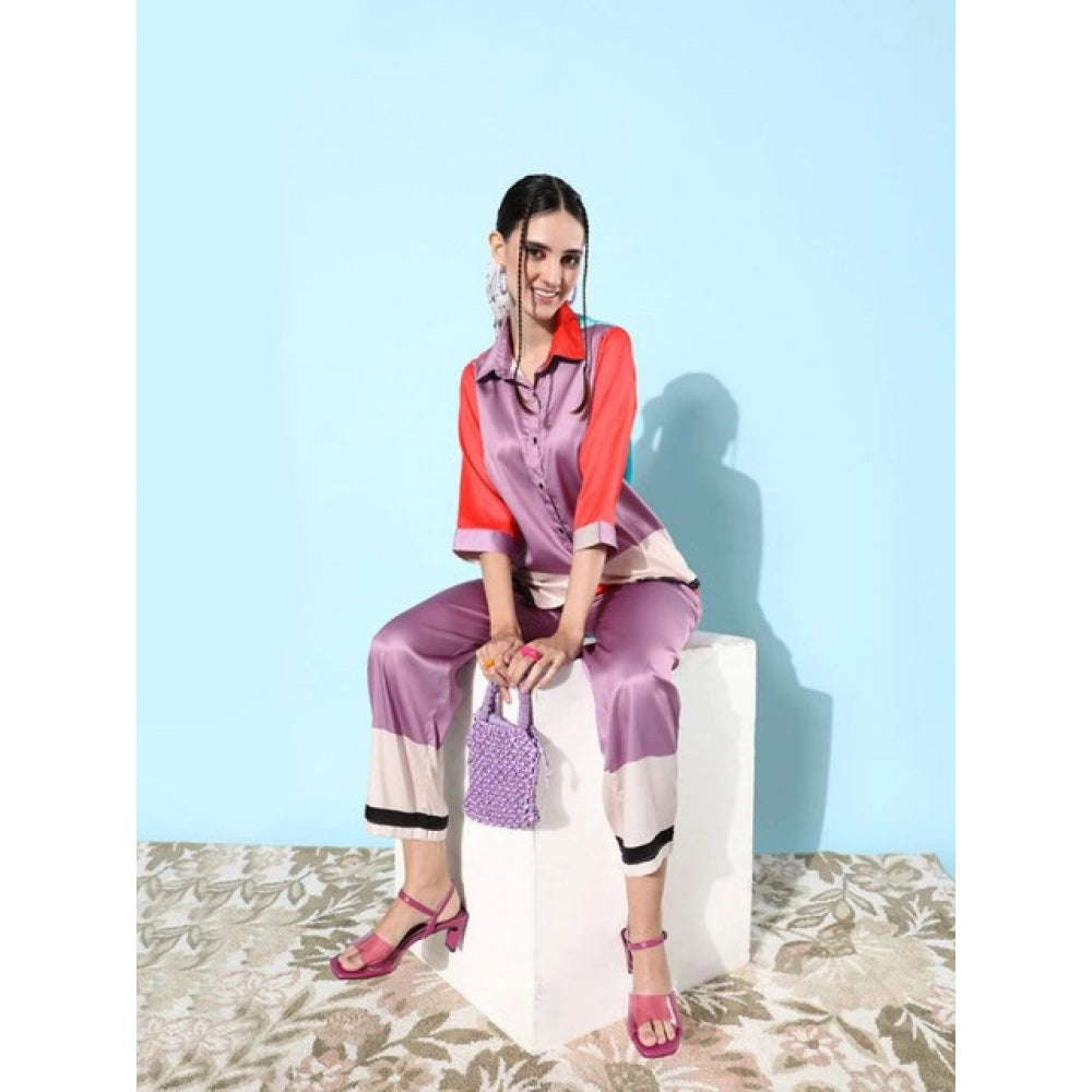 Voguish Women's Satin Colour Block Long Sleeves Co-Ord Set