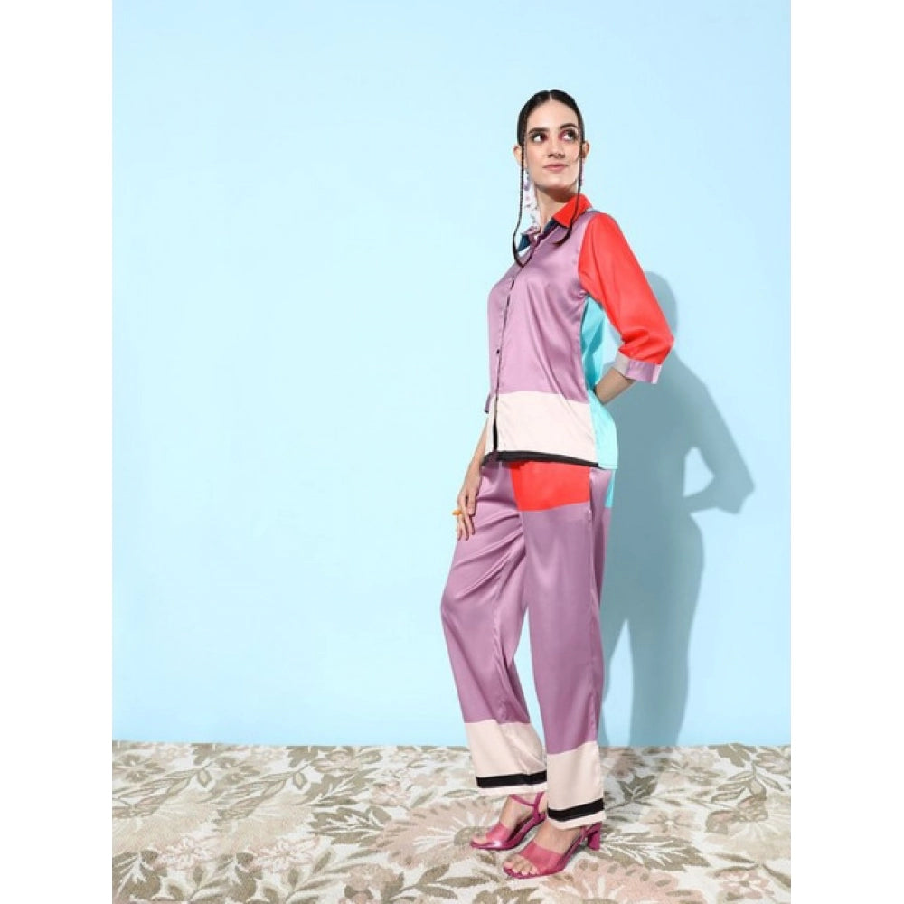 Voguish Women's Satin Colour Block Long Sleeves Co-Ord Set