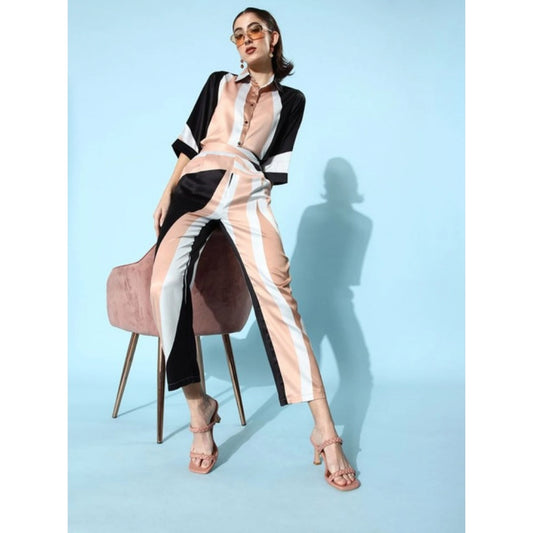 Voguish Women's Satin Colour Block Long Sleeves Co-Ord Set