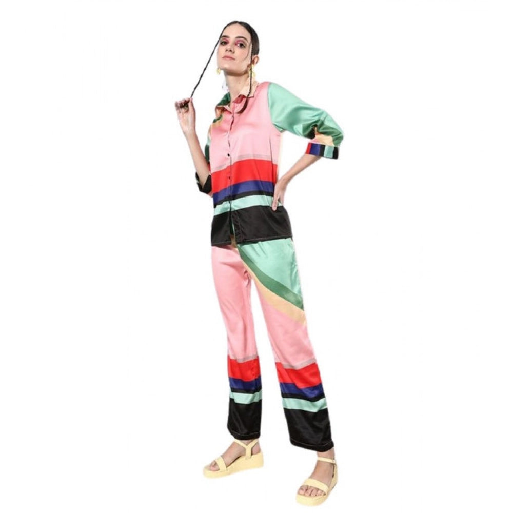 Voguish Women's Satin Colour Block Long Sleeves Co-Ord Set