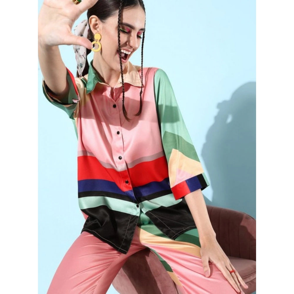 Voguish Women's Satin Colour Block Long Sleeves Co-Ord Set